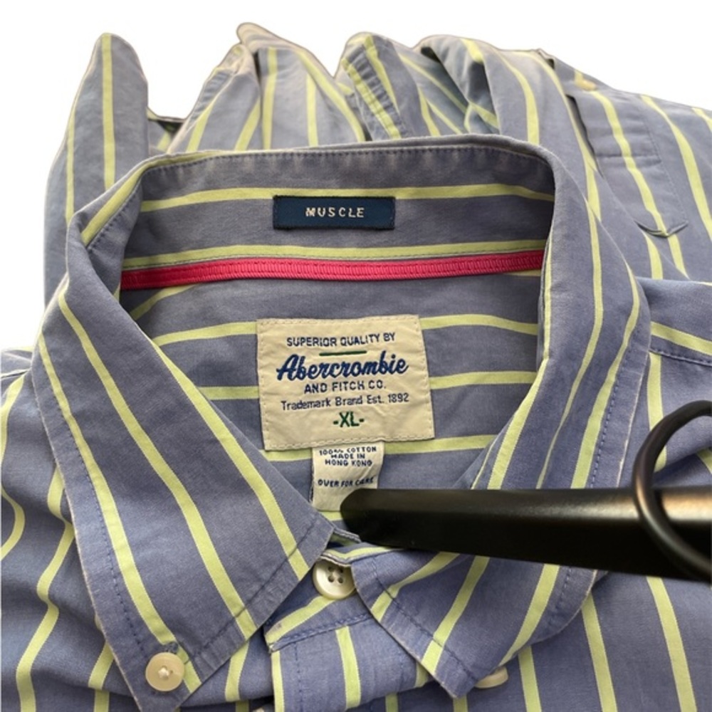 Abercrombie & Fitch Blue &‎ Green Striped Button Down Shirt Muscle Men's Size XL - Picture 5 of 5